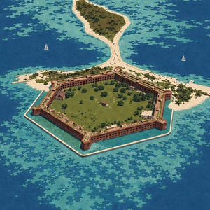 Pu&ograve; includere: Una vista aerea di un forte esagonale in mattoni circondato da acque turchesi e barriere coralline. Il forte presenta un ampio cortile erboso con alberi sparsi e piccoli edifici, collegato a una lunga isola sabbiosa da un sottile ponte di terra.