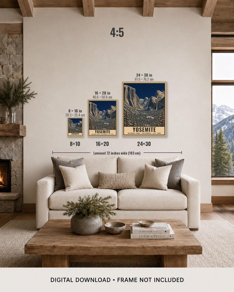 May include: Three framed wall art prints of Yosemite National Park in 8x10, 16x20, and 24x30 inch sizes. The prints feature a dark blue night sky over a mountain landscape with the text YOSEMITE NATIONAL PARK CALIFORNIA EST. 1890 at the bottom.