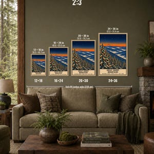 May include: Four vertical rectangular wall art prints of the Great Smoky Mountains, each featuring a starry night sky over layered blue mountain ridges and pine trees. Sizes include 12x18, 16x24, 20x30, and 24x36 inches. Text reads Great Smoky Mountains.