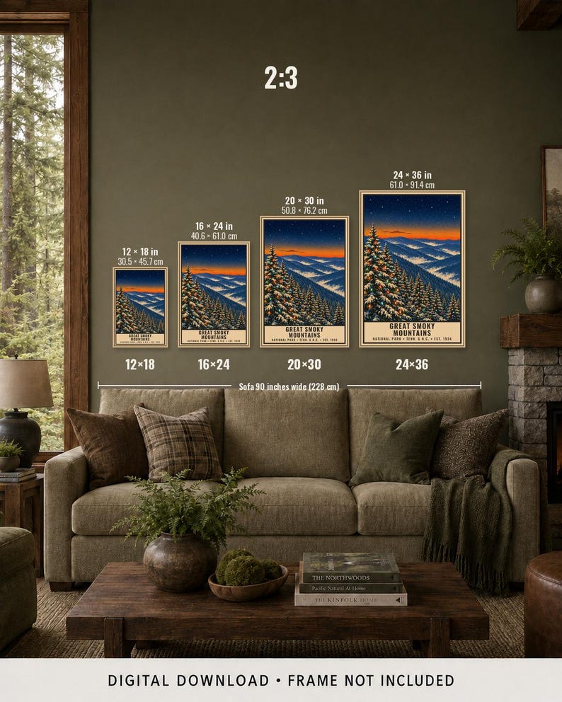 May include: Four vertical rectangular wall art prints of the Great Smoky Mountains, each featuring a starry night sky over layered blue mountain ridges and pine trees. Sizes include 12x18, 16x24, 20x30, and 24x36 inches. Text reads Great Smoky Mountains.