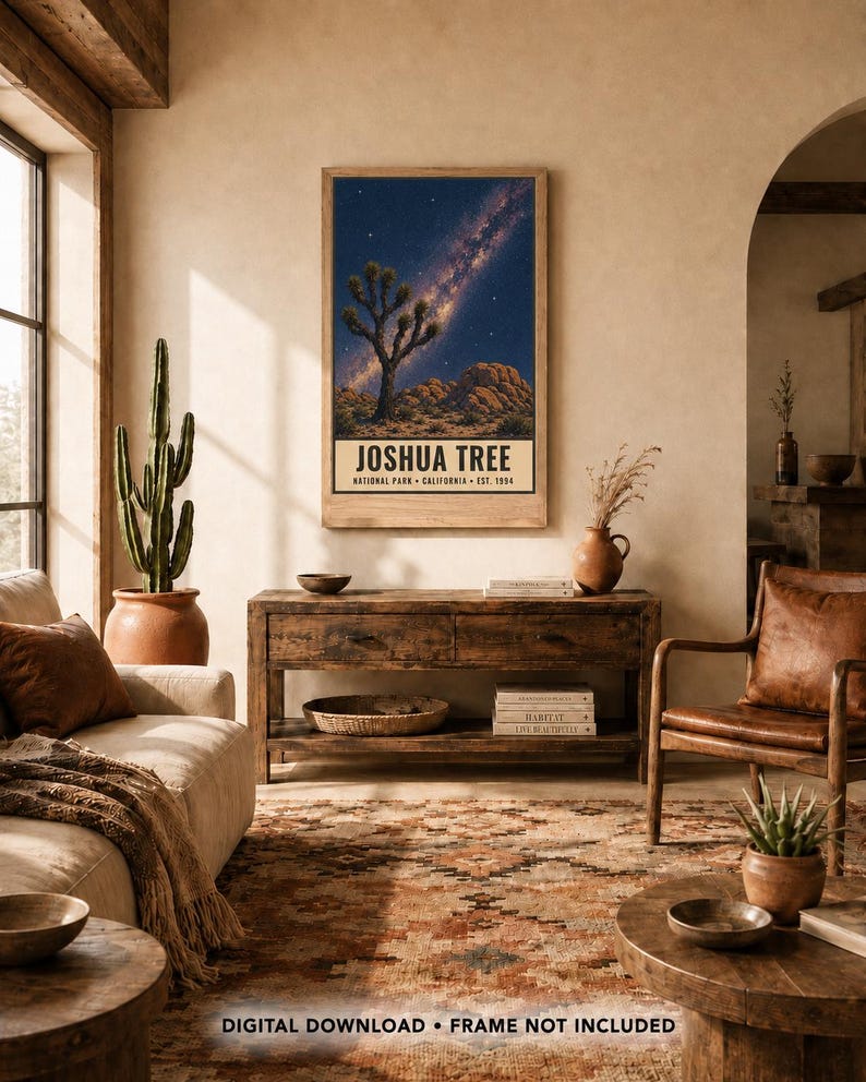 May include: A rectangular wall art print featuring a night scene of a Joshua tree under a starry sky with a visible Milky Way galaxy. The text at the bottom reads JOSHUA TREE NATIONAL PARK CALIFORNIA EST. 1994 in a bold, black sans-serif font.