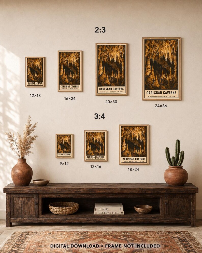 May include: A collection of seven framed posters depicting Carlsbad Caverns in various sizes, labelled 12x18, 16x24, 20x30, 24x36, 9x12, 12x16, and 18x24 inches. The posters feature golden-brown cave formations against a dark background with text.
