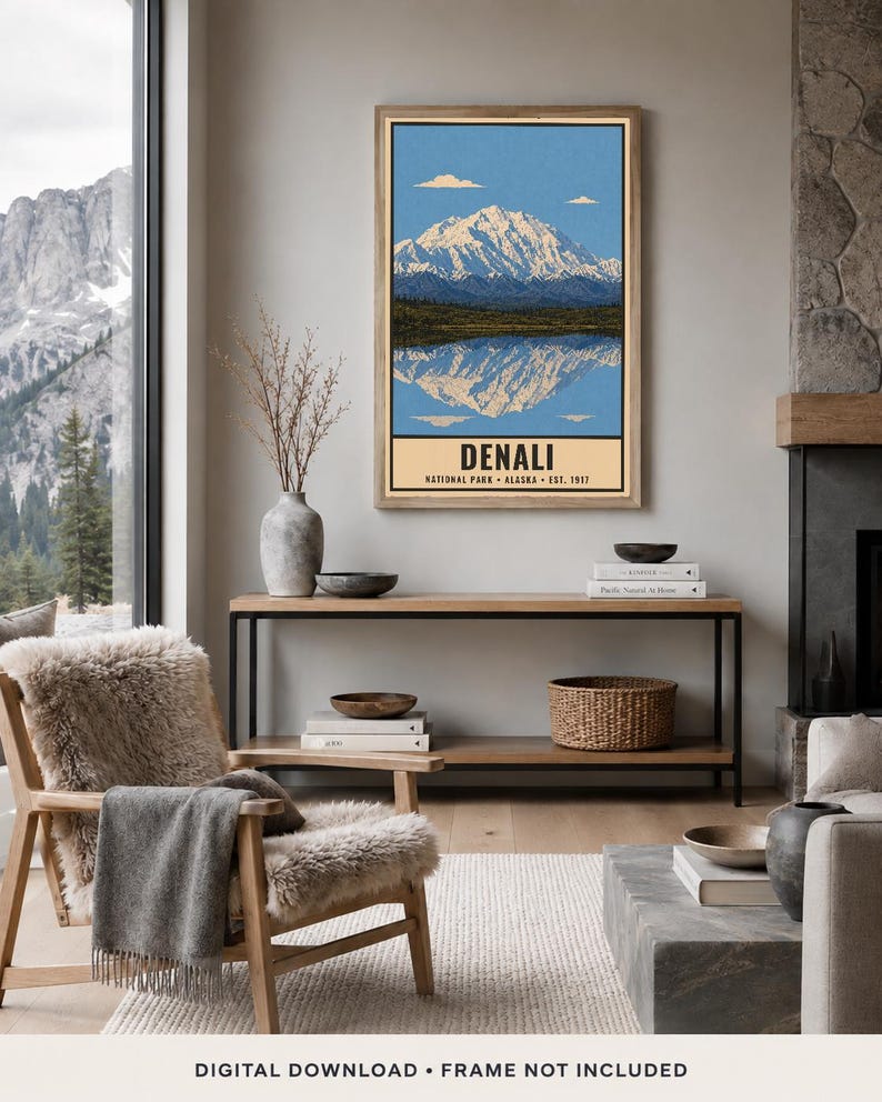 Denali nationalpark-affisch, vintage-resetryck med Alaskas bergstundra, retro väggkonst med vilda djur och landskap, utskrivbar konst från 1960-talet i WPA-stil bild 7