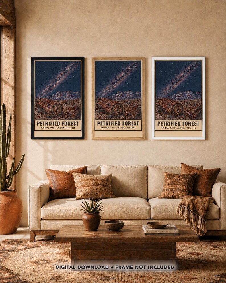 May include: Three vertical wall art prints featuring a night sky with a visible Milky Way galaxy over a desert landscape with petrified wood logs. Each print displays the text PETRIFIED FOREST NATIONAL PARK ARIZONA EST. 1962 in a cream border.