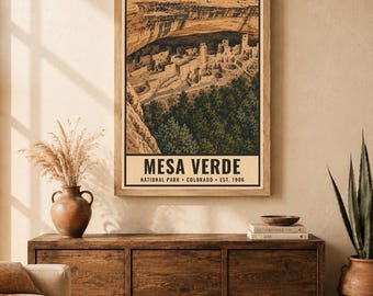 Mesa Verde National Park Poster, Colorado Cliff Palace Vintage Travel Print, Retro Pueblo Architecture Wall Art, WPA Style Printable Art