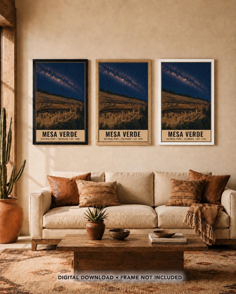 May include: Three vertical wall art prints featuring Mesa Verde National Park, Colorado, established 1906. Each print displays a night sky with a visible Milky Way over cliff dwellings, framed in black, light wood, and white frames respectively.