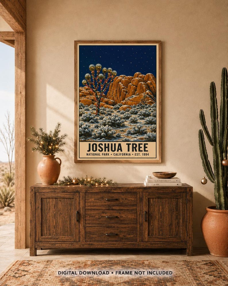 May include: A rectangular wall art print featuring a night landscape of Joshua Tree National Park with rock formations, desert vegetation, and a starry sky. The text at the bottom reads JOSHUA TREE NATIONAL PARK CALIFORNIA EST. 1994.