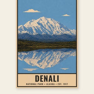 Denali nationalpark-affisch, vintage-resetryck med Alaskas bergstundra, retro väggkonst med vilda djur och landskap, utskrivbar konst från 1960-talet i WPA-stil bild 3