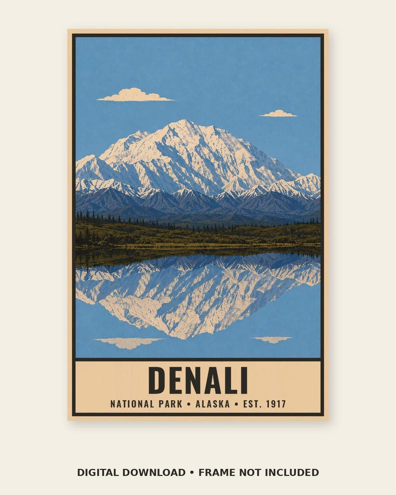 Denali nationalpark-affisch, vintage-resetryck med Alaskas bergstundra, retro väggkonst med vilda djur och landskap, utskrivbar konst från 1960-talet i WPA-stil bild 3