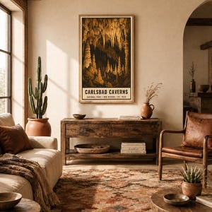 May include: A vertical rectangular wall art print featuring a dark, detailed illustration of Carlsbad Caverns National Park with golden stalactites and stalagmites. The text reads: CARLSBAD CAVERNS NATIONAL PARK NEW MEXICO EST. 1930. DIGITAL DOWNLOAD.