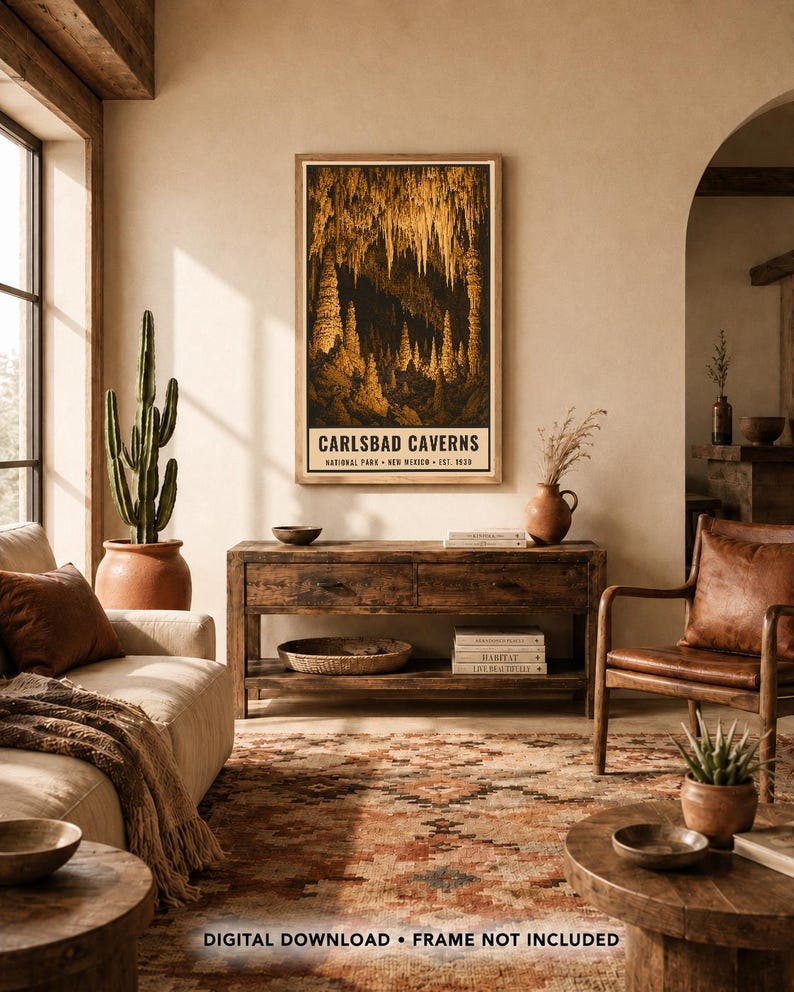 May include: A vertical rectangular wall art print featuring a dark, detailed illustration of Carlsbad Caverns National Park with golden stalactites and stalagmites. The text reads: CARLSBAD CAVERNS NATIONAL PARK NEW MEXICO EST. 1930. DIGITAL DOWNLOAD.