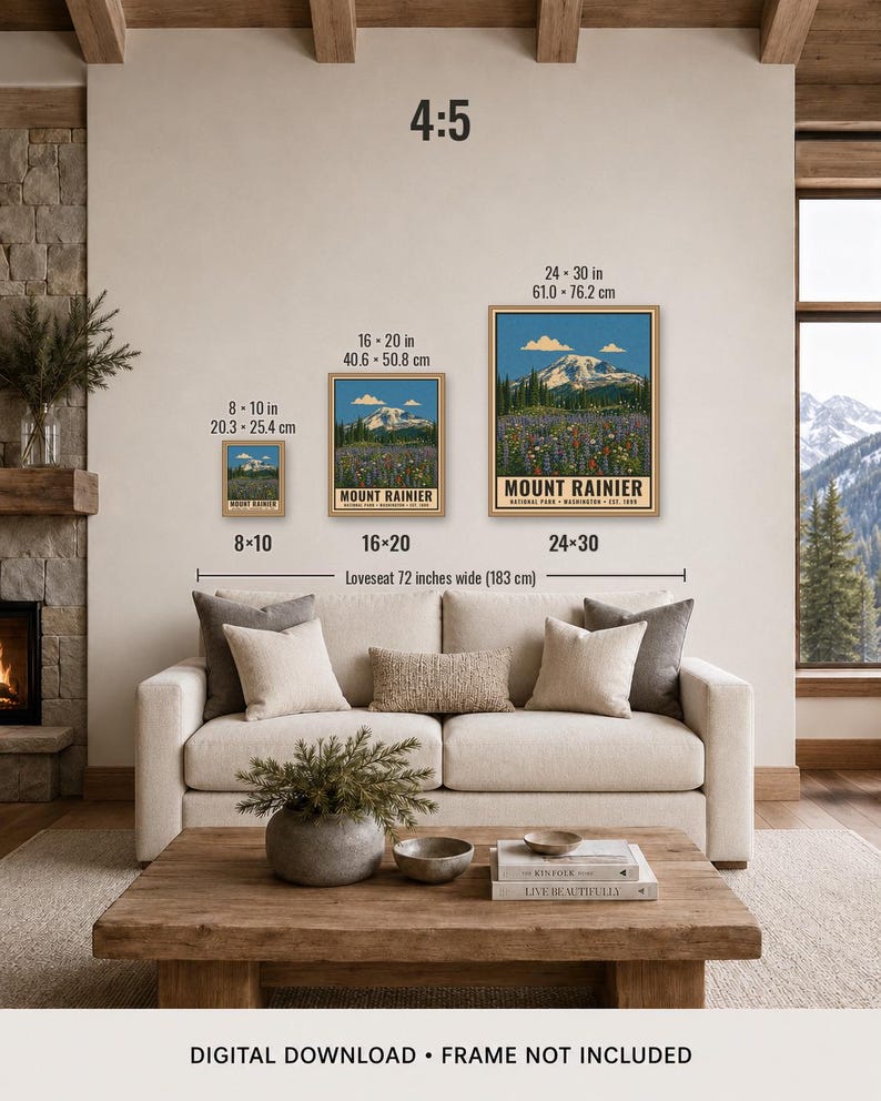Poster zum Mount Rainier Nationalpark, Vintage-Reisemotiv aus Washington, Druckbare Wildblumenwiesen-Dekoration, Gletschergipfel-Download Bild 11