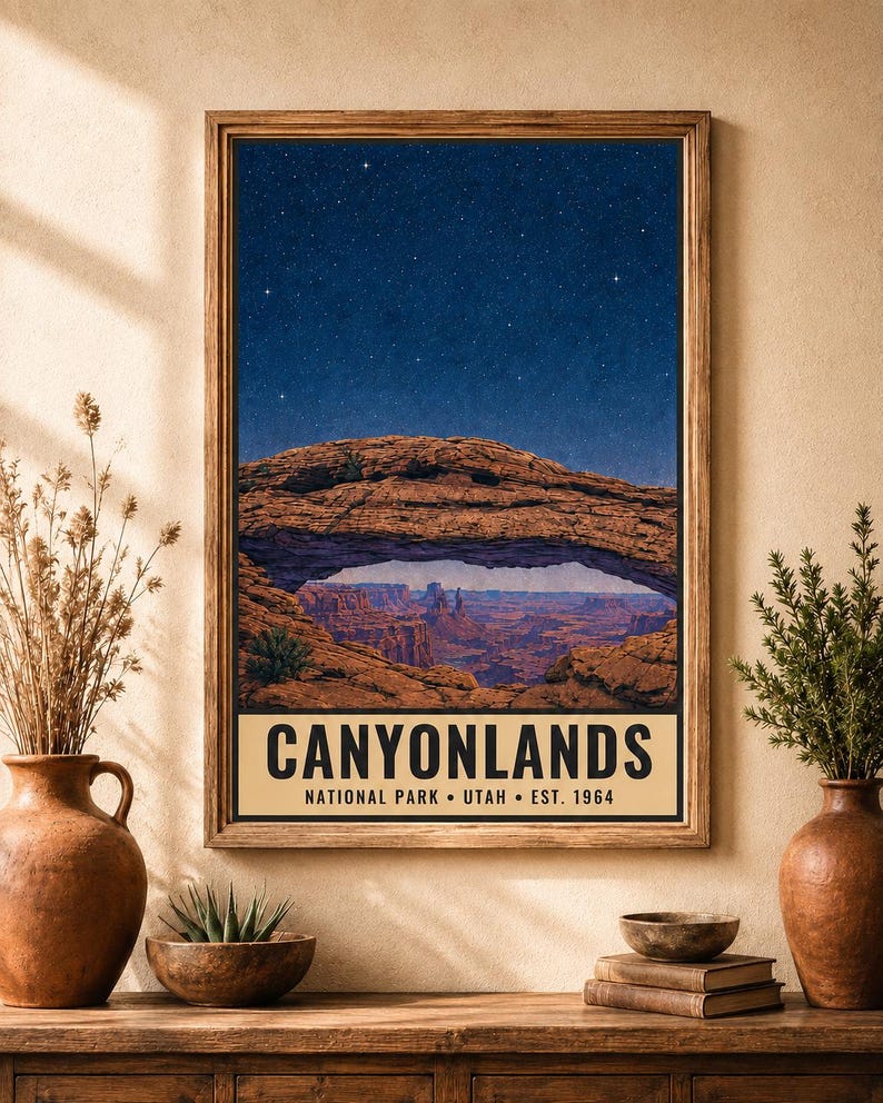 May include: A framed rectangular wall art print featuring a night sky over the Mesa Arch in Canyonlands National Park, Utah. The text reads CANYONLANDS NATIONAL PARK &bull; UTAH &bull; EST. 1964. The image depicts a natural rock arch framing a canyon.