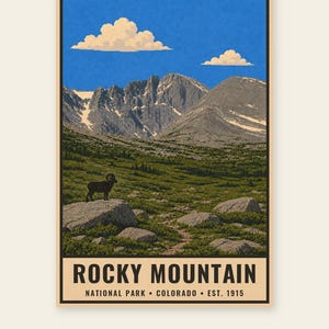 May include: A vertical poster featuring a landscape of the Rocky Mountain National Park in Colorado. The scene depicts a bighorn sheep standing on a rock in a green meadow with jagged, snow-capped mountains under a blue sky with white clouds.