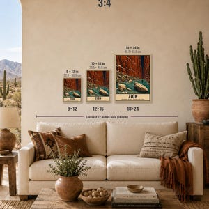 May include: Three rectangular Zion National Park posters in 9x12, 12x16, and 18x24 inch sizes. Each print features a red rock canyon landscape with a river and the text ZION NATIONAL PARK UTAH EST. 1919. The posters are displayed in a 3:4 aspect ratio.