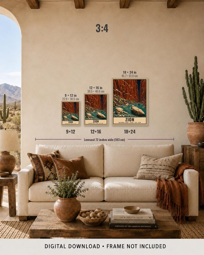 May include: Three rectangular Zion National Park posters in 9x12, 12x16, and 18x24 inch sizes. Each print features a red rock canyon landscape with a river and the text ZION NATIONAL PARK UTAH EST. 1919. The posters are displayed in a 3:4 aspect ratio.