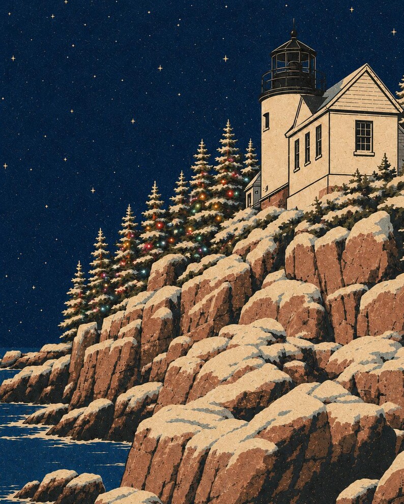 Puede incluir: Una ilustraci&oacute;n digital de un faro blanco sobre un acantilado rocoso cubierto de nieve por la noche. Una hilera de &aacute;rboles de hoja perenne decorados con luces de colores se alza junto al edificio bajo un cielo estrellado azul oscuro.