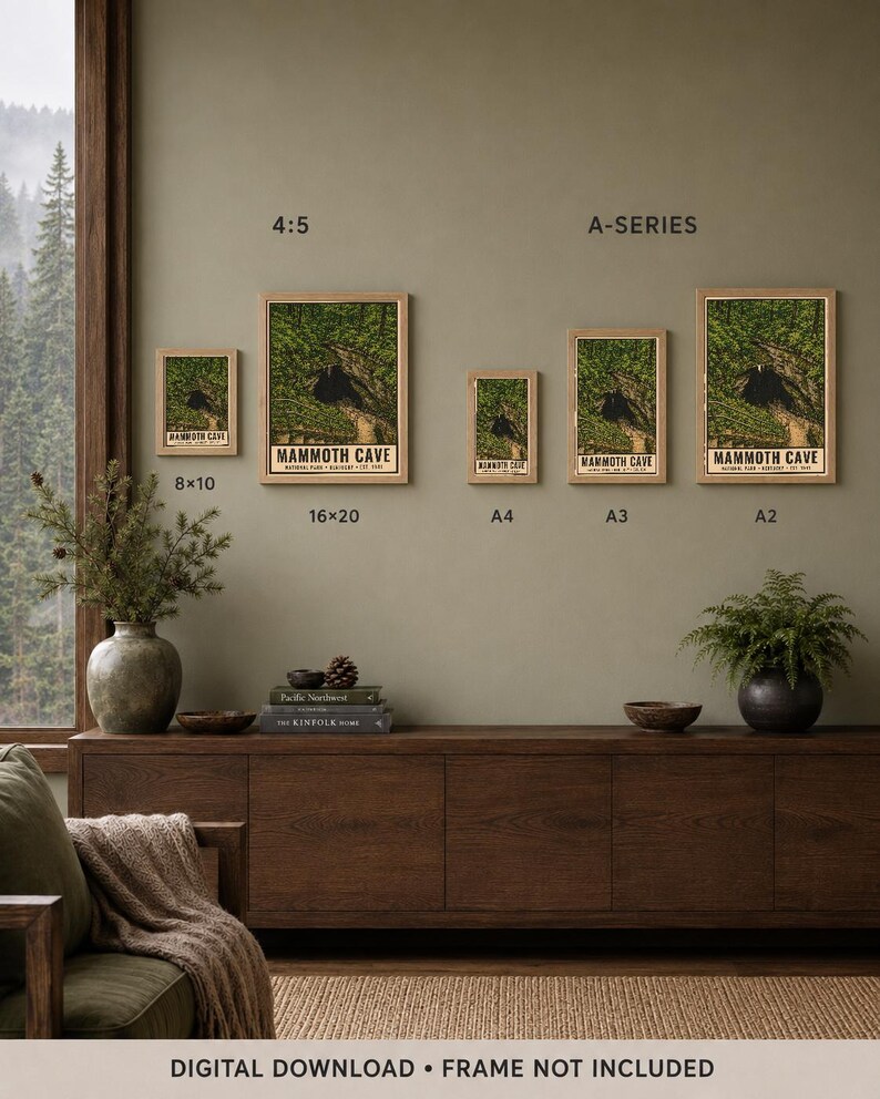 May include: Five framed posters of Mammoth Cave National Park in various sizes labeled 8x10, 16x20, A4, A3, and A2. Each print features a green forest landscape with a dark cave entrance and the text Mammoth Cave National Park. Digital download.