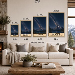 May include: Four vertical wall art prints of Glacier National Park, Montana, displayed in sizes 12x18, 16x24, 20x30, and 24x36 inches. Each print features a night sky with the Milky Way over a mountain and lake, with the text GLACIER NATIONAL PARK.