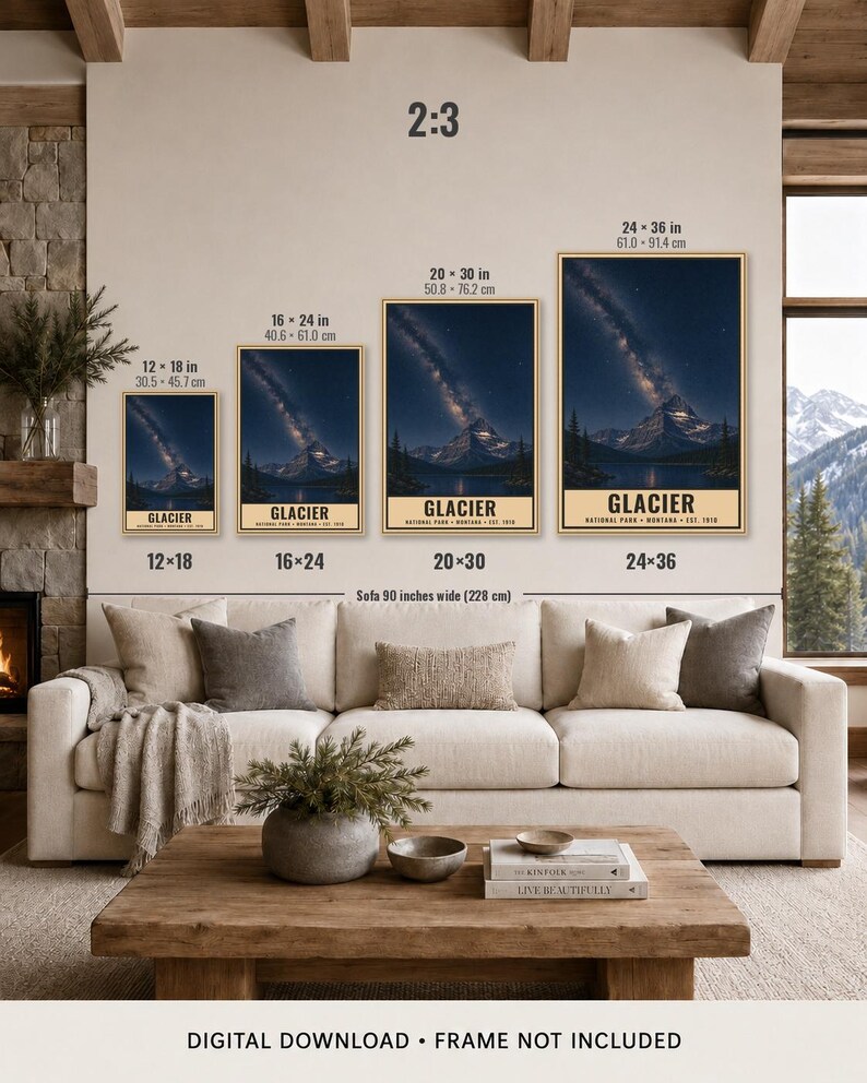 May include: Four vertical wall art prints of Glacier National Park, Montana, displayed in sizes 12x18, 16x24, 20x30, and 24x36 inches. Each print features a night sky with the Milky Way over a mountain and lake, with the text GLACIER NATIONAL PARK.