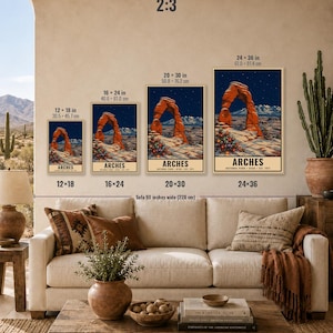 May include: Four vertical posters of Arches National Park in Utah, featuring a red rock arch under a starry night sky with holiday lights at the base. Sizes include 12x18, 16x24, 20x30, and 24x36 inches. The text reads Arches National Park Utah Est 1971.