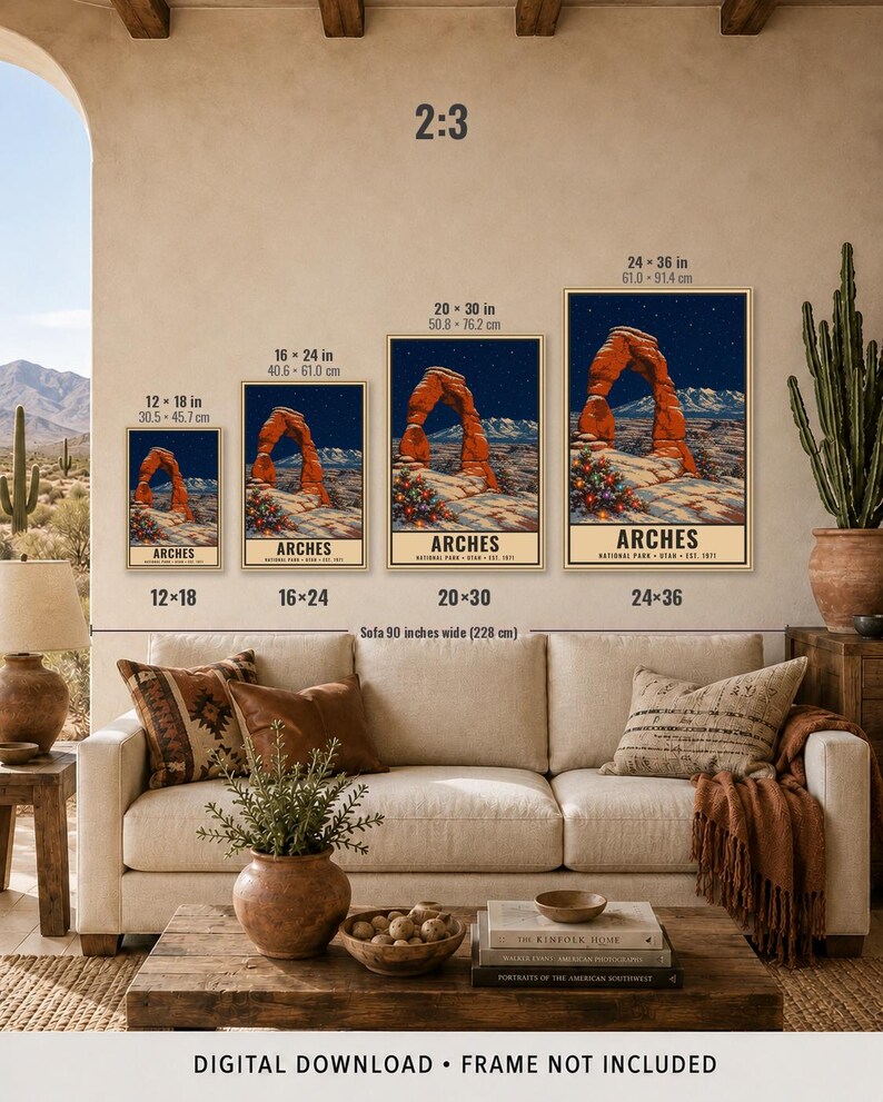 May include: Four vertical posters of Arches National Park in Utah, featuring a red rock arch under a starry night sky with holiday lights at the base. Sizes include 12x18, 16x24, 20x30, and 24x36 inches. The text reads Arches National Park Utah Est 1971.