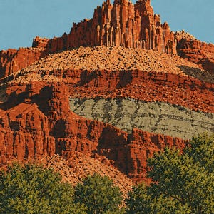 May include: A landscape illustration featuring a towering red rock formation with vertical spires at the peak, layered with horizontal bands of deep red and grey stone, set against a clear blue sky with green foliage in the foreground.