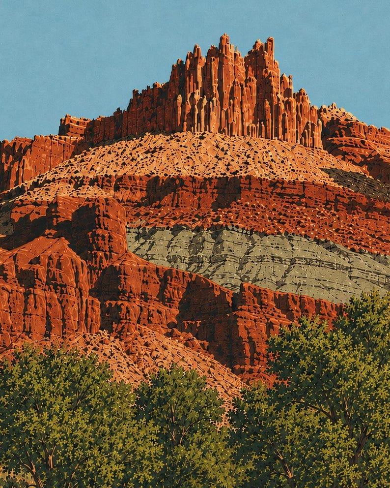 May include: A landscape illustration featuring a towering red rock formation with vertical spires at the peak, layered with horizontal bands of deep red and grey stone, set against a clear blue sky with green foliage in the foreground.