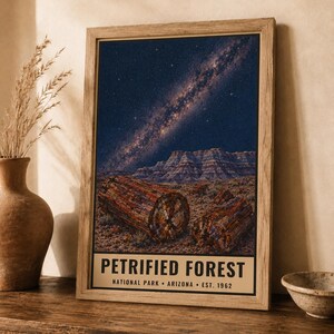 May include: A rectangular wall art print featuring a night sky with the Milky Way galaxy above a desert landscape with petrified wood logs. The bottom section contains the text PETRIFIED FOREST NATIONAL PARK ARIZONA EST. 1962 in black font.