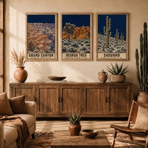 May include: A set of three vertical wall art prints featuring illustrations of Grand Canyon, Joshua Tree, and Saguaro National Parks. Each print displays a night sky over desert landscapes with text labels at the bottom. Digital download only.