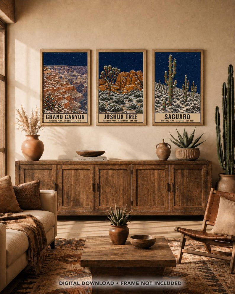 May include: A set of three vertical wall art prints featuring illustrations of Grand Canyon, Joshua Tree, and Saguaro National Parks. Each print displays a night sky over desert landscapes with text labels at the bottom. Digital download only.