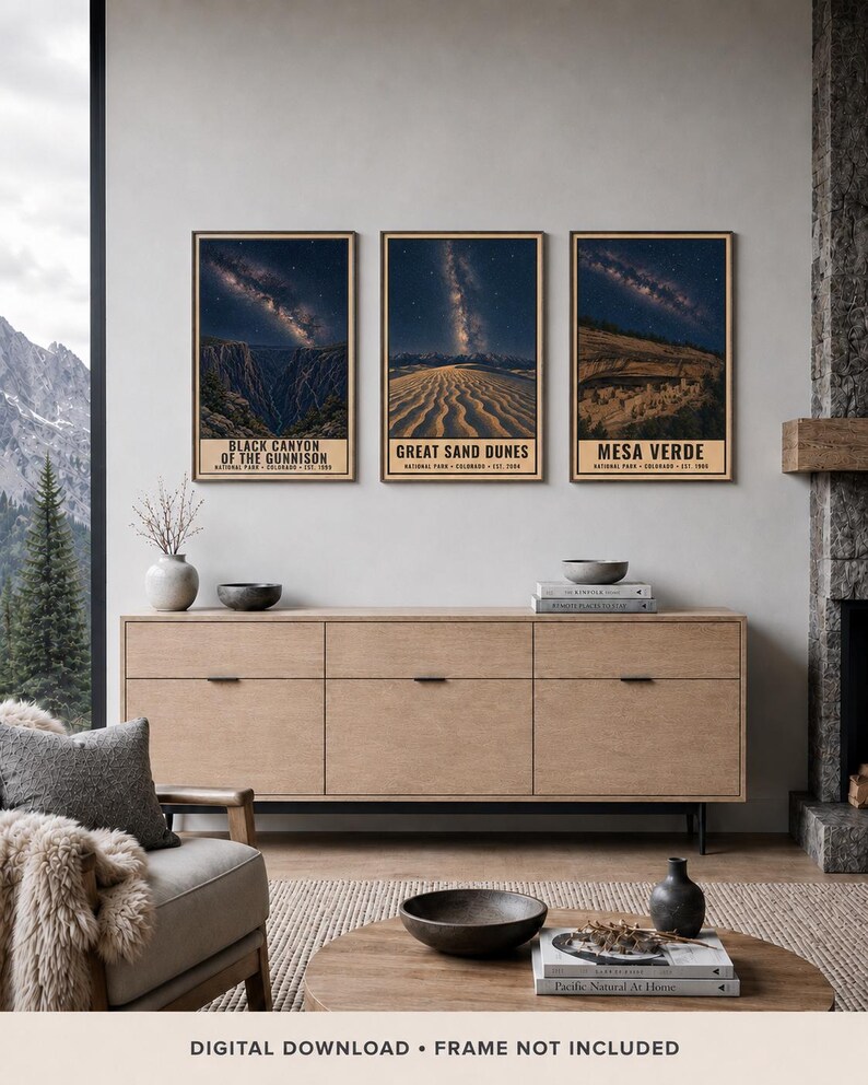 May include: Three vertical framed wall art prints featuring night sky landscapes of Black Canyon of the Gunnison, Great Sand Dunes, and Mesa Verde National Parks. Each print displays a starry galaxy above the park terrain with text below.