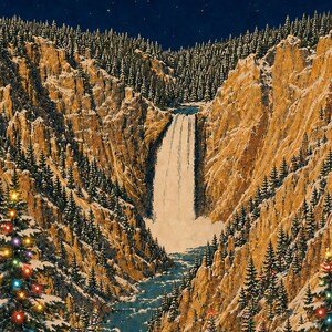 May include: A vertical illustration of a waterfall cascading down a rocky canyon at night. The landscape features snow-dusted pine trees and golden cliffs under a starry sky. Decorated Christmas trees with colorful lights frame the bottom corners.