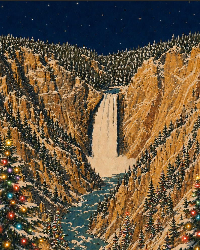 May include: A vertical illustration of a waterfall cascading down a rocky canyon at night. The landscape features snow-dusted pine trees and golden cliffs under a starry sky. Decorated Christmas trees with colorful lights frame the bottom corners.