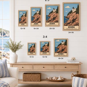 May include: A collection of seven framed wall art prints depicting the Acadia National Park lighthouse on rocky cliffs. The prints are arranged in two rows labeled 2:3 and 3:4 with dimensions in inches: 12x18, 16x24, 20x30, 24x36, 9x12, 12x16, and 18x24. Text reads: DIGITAL DOWNLOAD &bull; FRAME NOT INCLUDED.