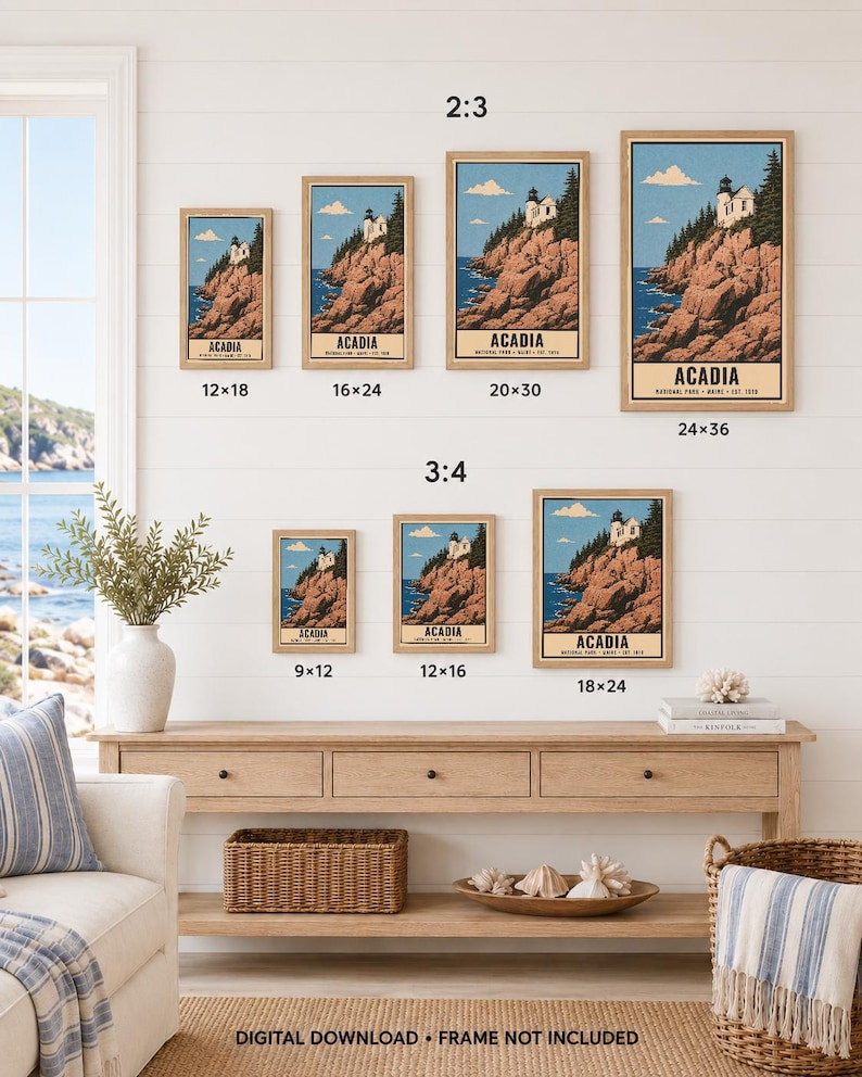 May include: A collection of seven framed wall art prints depicting the Acadia National Park lighthouse on rocky cliffs. The prints are arranged in two rows labeled 2:3 and 3:4 with dimensions in inches: 12x18, 16x24, 20x30, 24x36, 9x12, 12x16, and 18x24. Text reads: DIGITAL DOWNLOAD &bull; FRAME NOT INCLUDED.