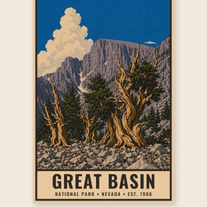 Może przedstawiać: Pionowy plakat przedstawiający krajobraz Parku Narodowego Great Basin w Nevadzie. Scena ukazuje surowe g&oacute;ry, skalisty teren i powykręcane stare drzewa pod niebieskim niebem z białymi chmurami. Tekst: GREAT BASIN NATIONAL PARK &bull; NEVADA &bull; EST. 1986.