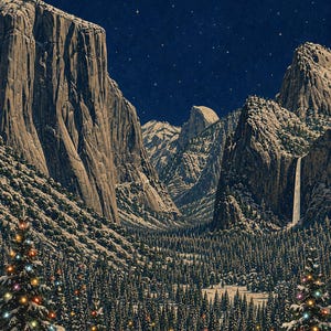 May include: A vertical illustration of a snow-covered mountain valley at night under a starry sky. Two large evergreen trees in the foreground are decorated with colorful glowing lights. A waterfall flows down a cliff face in the distance.