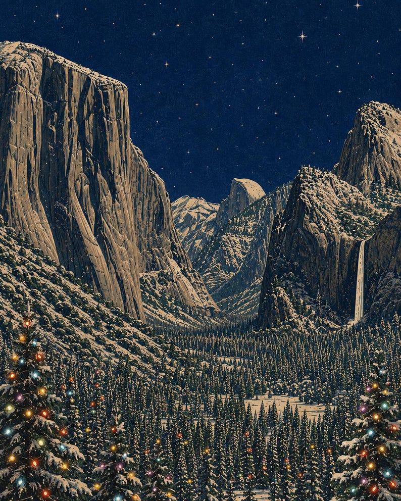 May include: A vertical illustration of a snow-covered mountain valley at night under a starry sky. Two large evergreen trees in the foreground are decorated with colorful glowing lights. A waterfall flows down a cliff face in the distance.
