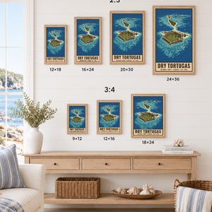 May include: A collection of seven framed posters displaying a map of Dry Tortugas National Park in various sizes, including 30x46, 41x61, 51x76, 61x91, 23x30, 30x41, and 46x61 cm. The posters feature a blue ocean, a fort, and the text Dry Tortugas.