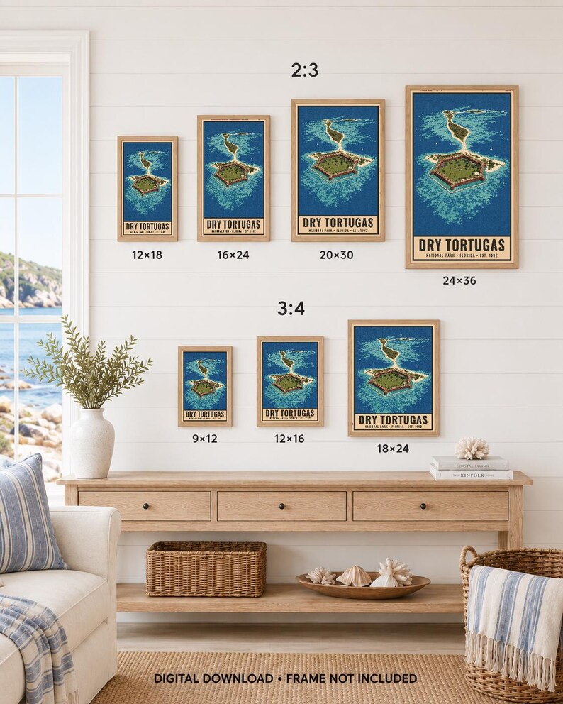 May include: A collection of seven framed posters displaying a map of Dry Tortugas National Park in various sizes, including 30x46, 41x61, 51x76, 61x91, 23x30, 30x41, and 46x61 cm. The posters feature a blue ocean, a fort, and the text Dry Tortugas.