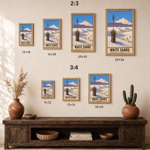 May include: A collection of White Sands National Park posters in various sizes, including 12x18, 16x24, 20x30, 24x36, 9x12, 12x16, and 18x24 inches. The artwork depicts white sand dunes, a yucca plant, and blue sky. Text reads: Digital Download, Frame Not Included.