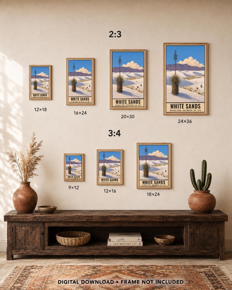 May include: A collection of White Sands National Park posters in various sizes, including 12x18, 16x24, 20x30, 24x36, 9x12, 12x16, and 18x24 inches. The artwork depicts white sand dunes, a yucca plant, and blue sky. Text reads: Digital Download, Frame Not Included.