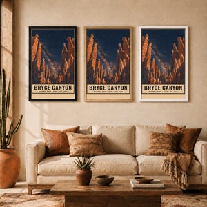 May include: Three vertical wall art prints featuring Bryce Canyon National Park, Utah, established 1928. Each print displays orange rock formations under a dark starry night sky with the text BRYCE CANYON NATIONAL PARK UTAH EST. 1928 at the bottom.