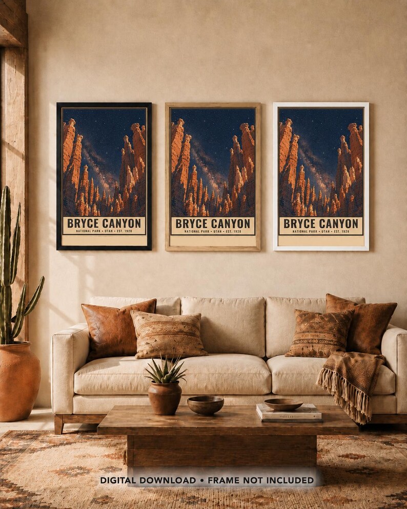 May include: Three vertical wall art prints featuring Bryce Canyon National Park, Utah, established 1928. Each print displays orange rock formations under a dark starry night sky with the text BRYCE CANYON NATIONAL PARK UTAH EST. 1928 at the bottom.