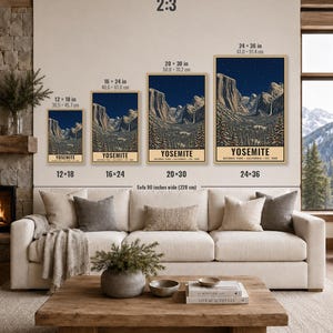 May include: Four vertical posters of Yosemite National Park in sizes 12x18, 16x24, 20x30, and 24x36 inches. Each poster features a dark blue night sky over mountain peaks, a waterfall, and pine trees, with the text YOSEMITE NATIONAL PARK CALIFORNIA EST. 1890.