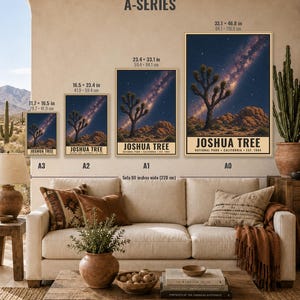 May include: Four vertical posters labeled A3, A2, A1, and A0, each featuring a Joshua Tree National Park night scene with a starry sky, a silhouette of a Joshua tree, and rocky terrain. Text reads JOSHUA TREE NATIONAL PARK CALIFORNIA EST. 1994.