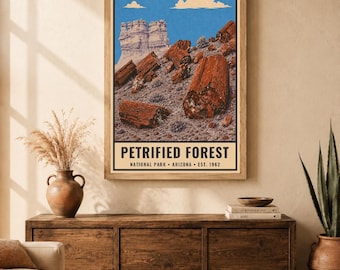 Plakat vintage z Parku Narodowego Skamieniałego Lasu, Badlands w Arizonie (pobranie cyfrowe)