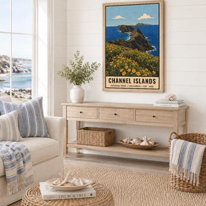 May include: A vertical wall art print featuring a landscape illustration of Channel Islands National Park with blue ocean, rocky cliffs, and yellow flowers. The text reads CHANNEL ISLANDS NATIONAL PARK CALIFORNIA EST. 1980. Digital download.