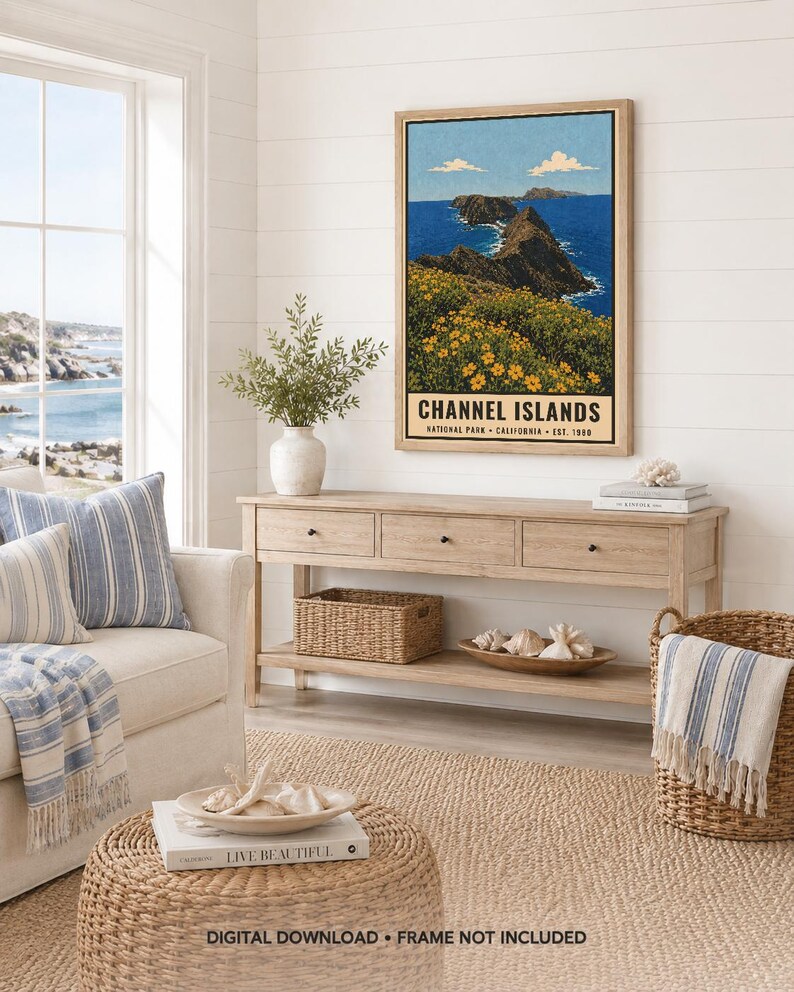 May include: A vertical wall art print featuring a landscape illustration of Channel Islands National Park with blue ocean, rocky cliffs, and yellow flowers. The text reads CHANNEL ISLANDS NATIONAL PARK CALIFORNIA EST. 1980. Digital download.